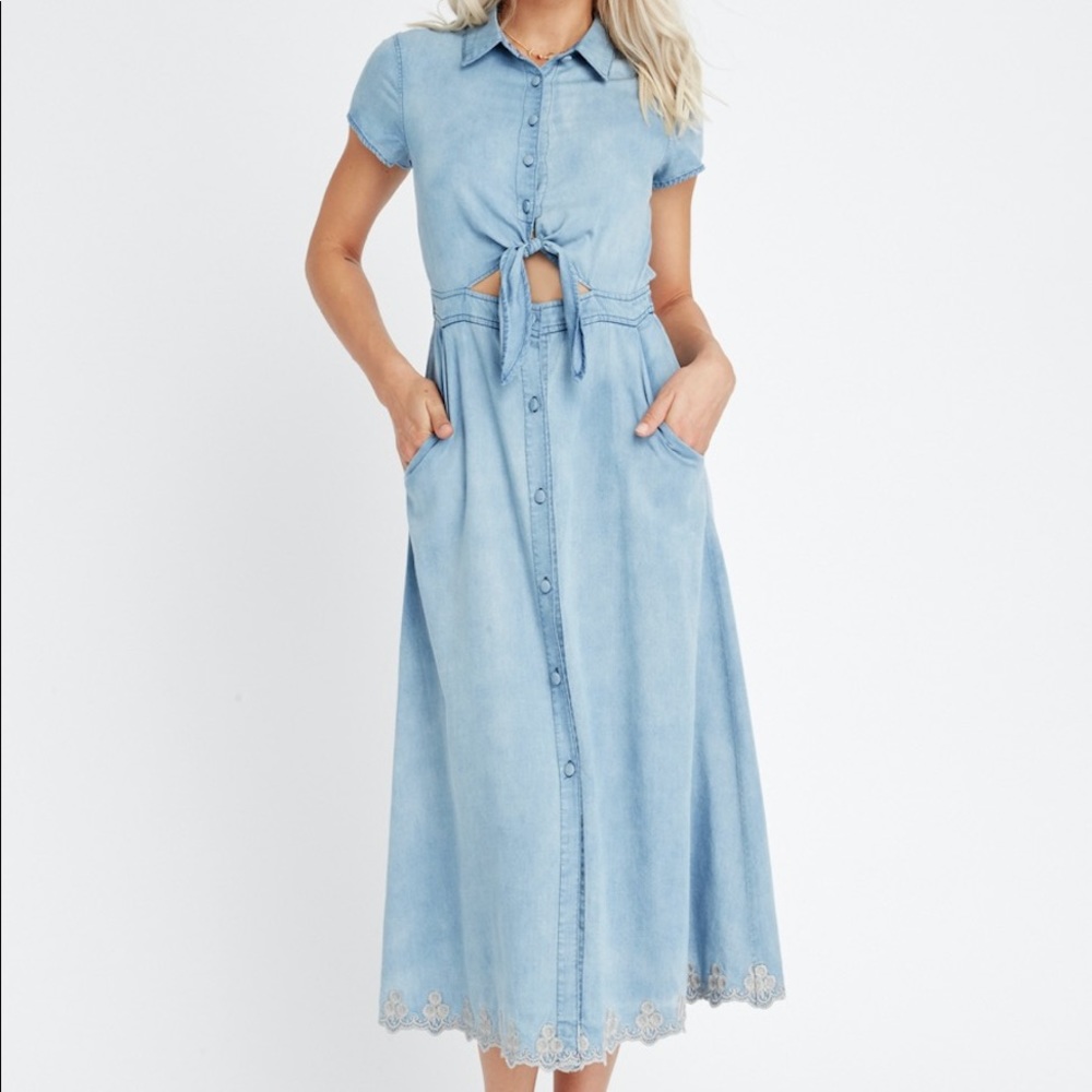 Denim Button Down Short Sleeve Midi Dress